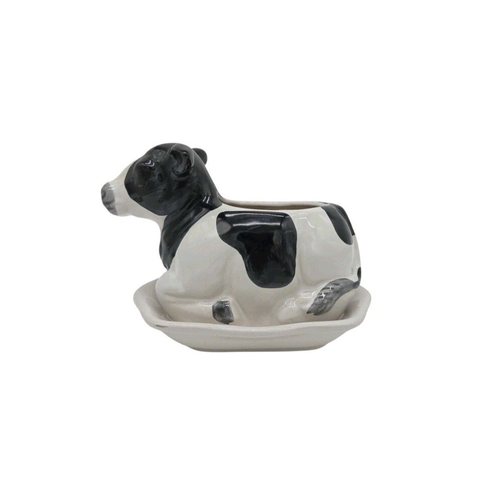 White Black Cow Planter w/ Underplate Flower Vase Vtg Farmhouse Country Chic